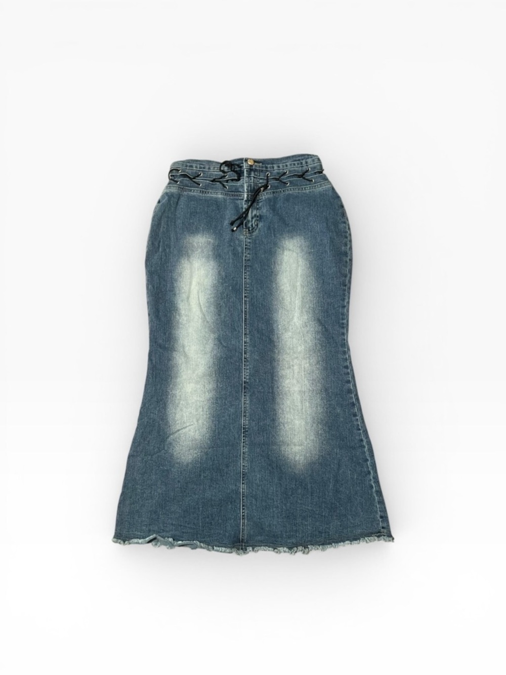 Y2K Street Code Faded Denim Lace-Up Waist Maxi Skirt Whimsigoth Festival 26”